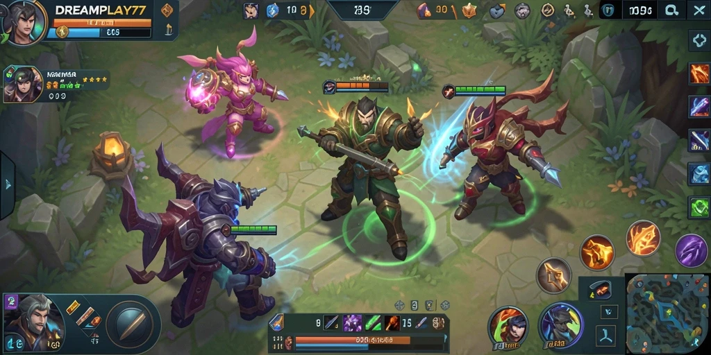 Tampilan gameplay seru dalam pertempuran MOBA di DREAMPLAY77.