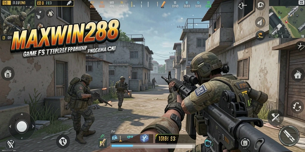 Tampilan gameplay seru dalam pertempuran FPS di MAXWIN288.