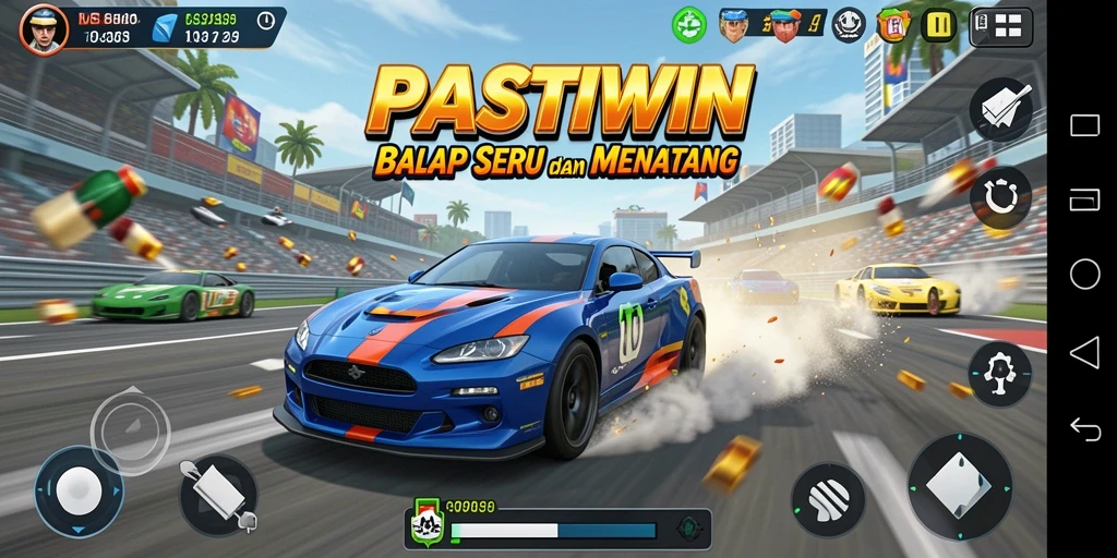 Tampilan gameplay balap seru di PASTIWIN dengan mobil yang melaju kencang.