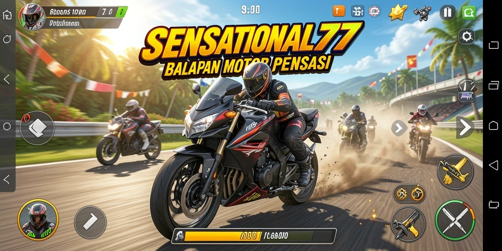 Screenshot gameplay SENSATIONAL77 menampilkan aksi balapan motor yang cepat.