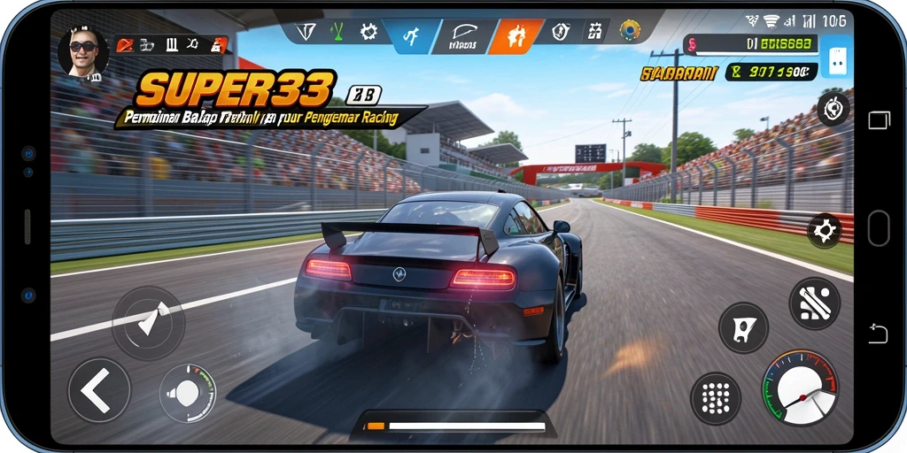 Screenshot gameplay SUPER33 yang menampilkan aksi balap yang mendebarkan.