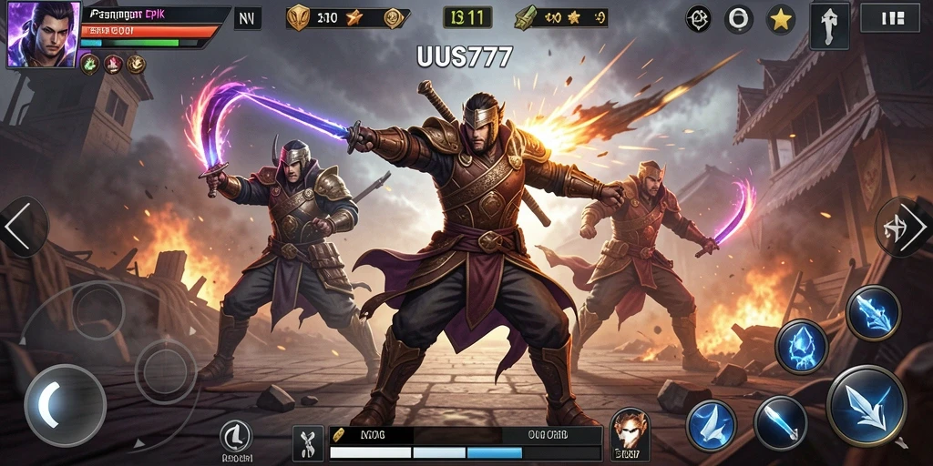 Screenshot UUS777 menampilkan karakter bertarung dalam arena yang mendebarkan.